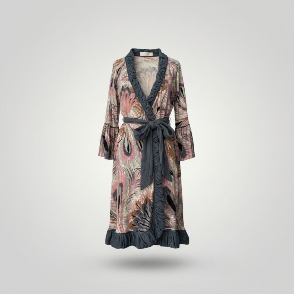 Lilka Anthropologie Wrap Robe Women Small Pink Peacock Feather Lounge Feminine